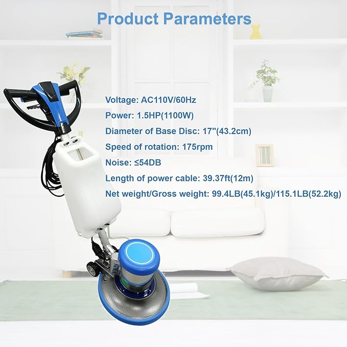 110V 1100W 17" High Speed Floor Scrubber Buffer Carpet Floor Cleaning and Polishing Machine 175rpm Blue