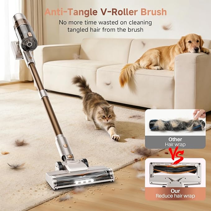 Cordless Vacuum Cleaner: 40KPA Powerful Suction Cordless Stick Vacuum Cleaners for Home, Anti-Tangle Brush, Lightweight, 6-in-1 Rechargeable Vacuum for Pet Hair/Carpet/Hard Floor(Off-White)