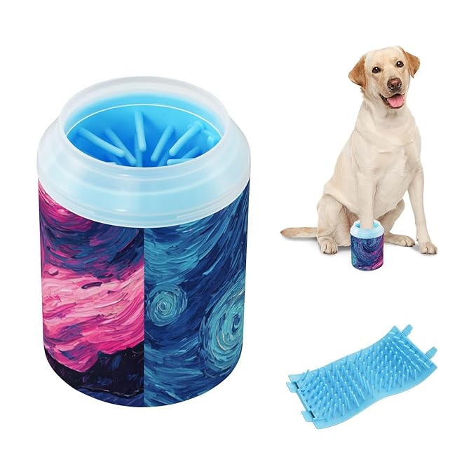 Dog Paw Cleaner Cups for Dogs Pets Foot Washer Paw Scrubber for Medium Small Dogs Cats Cleaning Cup Starry Night Sky Swirling Neon Blue