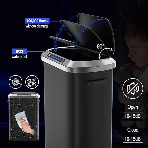 pouseayar Black 13 Gallon 50L Smart Automatic Trash Cans, Stainless-Steel Thickened Body with Super Mute Sensor Lid and 30 Count Garbage Bags for Kitchen Office Bedroom Waste Bin and More