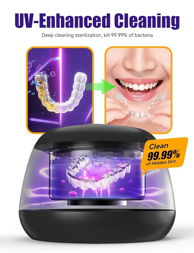 Ultrasonic Retainer Cleaner, EVA BELLE Denture Retainer Cleaner Machine, Tooth Cleaner for Oral Dental Care, Portable Rechargeable Dental Cleaning Pod for Night Guards, Braces, Aligner, Jewelry