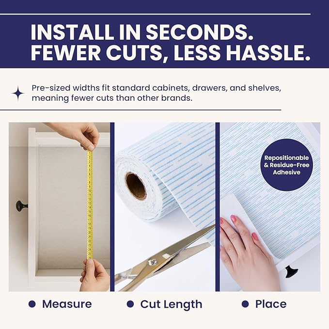 Self Adhesive Shelf Liner (2-Pack, 23.75in x 6ft) — Absorbent Felt Cabinet Liner for Shelves & Kitchen Drawers, Soft Glide Surface with Adjustable, Residue-Free Adhesive (Blue Current)