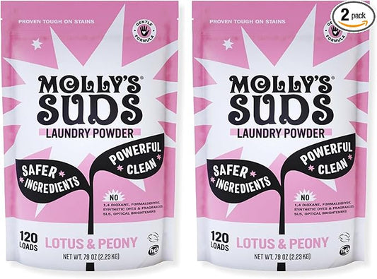 Molly's Suds Original Laundry Detergent Powder | Clean Laundry Detergent Powder for Sensitive Skin | Simple, Effective Ingredients, Stain Fighting | 120 Loads (Lotus & Peony) (Pack of 2)