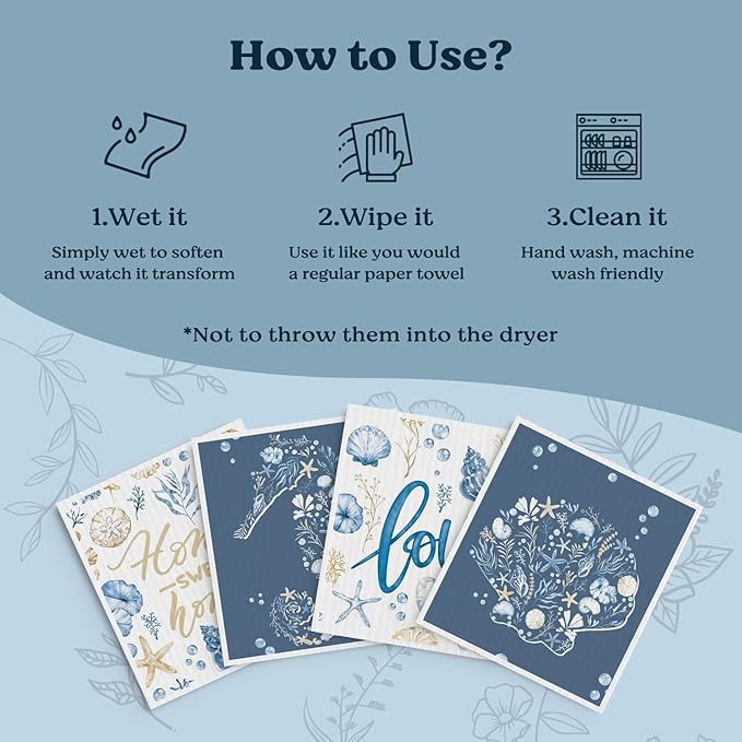 Swedish Dishcloths for Kitchen, Summer Coastal Kitchen Dish Towels for Washing Dishes, 4 Pack Reusable Paper Towels, Home Sweet Decor, Sponge Cloths for Home Cleaning Baking Cooking