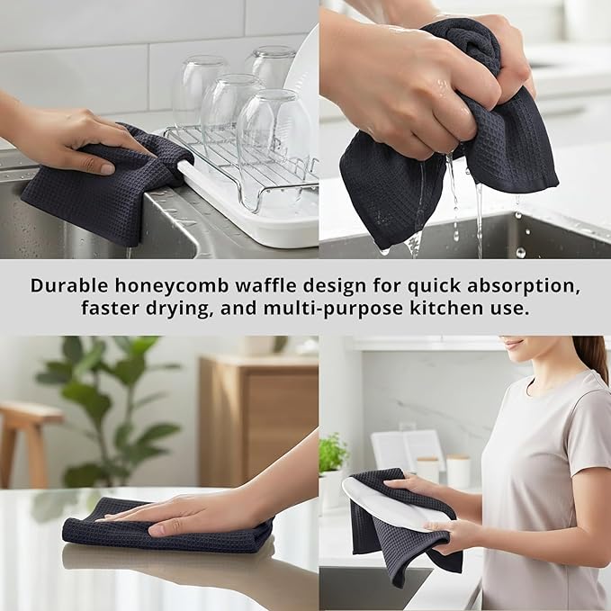 PurpleEssences Waffle Weave Kitchen Towel, 100% Cotton 15x25 Inches, with Hanging Loop Soft Absorbent Quick Drying Dish Cloth, Tea and Hand Towels, 6 Pack - Christmas Holiday Winter - Dark Grey