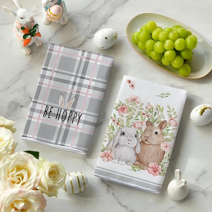 Artoid Mode Grey Bunny Rabbit Ears Floral Leaves Easter Kitchen Towels Dish Towels, 18x26 Inch Be Kind Seasonal Decoration Hand Towels Set of 4
