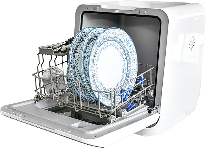 RCA Portable Countertop Dishwasher No Hookup Unit with 6-Liter Water Bank for Tabletop, Apartment, or RV, Compact Dishwashing and Drying Machine, Delay Timer, Rapid Cleaning