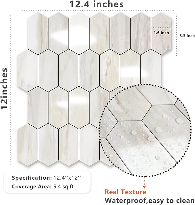 Vamos Tile Long Hexagon Peel and Stick Backsplash Tile - 1 Sheet Stick on Backsplash for Kitchen and Bathroom 12.4 x 12 Inch Glossy Wood Grain PVC Self Adhesive Mosaic Wall Tiles