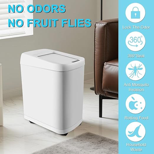 Motion Sensor Trash Can with Roll Lid & Wheels - Automatic Touchless Trashcans (White, 8 Gallon)