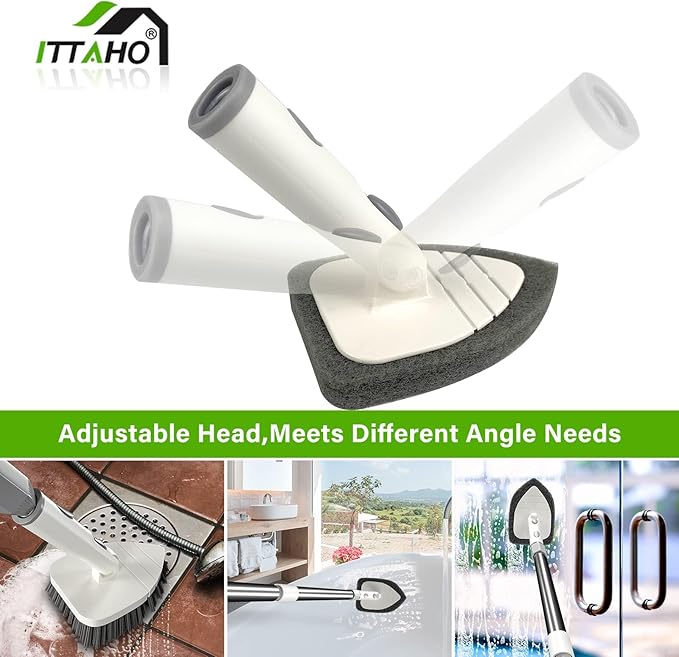 ITTAHO Tile Tub Scrubber Brush with 4 Cleaning Heads,59" Long Handle Stiff Bristles Scrub Brush with Extendable Pole, Rotatable Detachable Scrub Brush for Shower,Tile, Tub,Bathroom,Walls,Sink