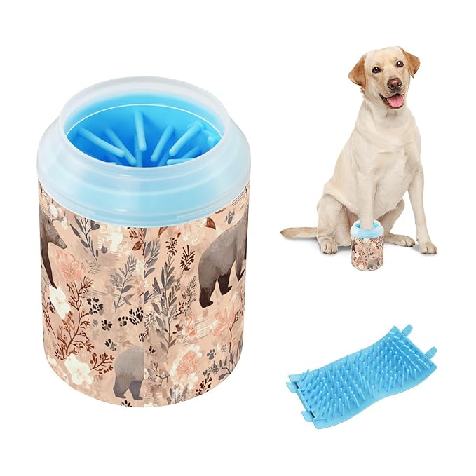 Dog Paw Cleaner Cups for Dogs Pet Foot Washer Paw Scrubber for Medium Small Large Dogs Cats Cleaning Cup Brown Bears Flowers Plants
