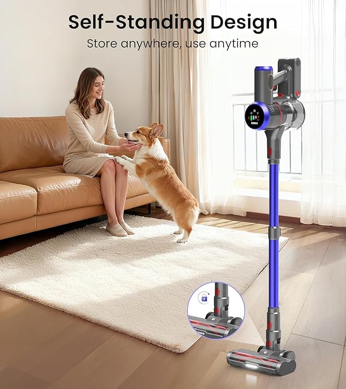 Cordless Vacuum Cleaner, 550W 45kPa 65Mins Vacuum Cleaners for Home with LED Display, Self-Standing Stick Vacuum with Anti-Tangle Brush, Rechargeable Vacuum Cordless for Pet Hair/Carpet/Floor