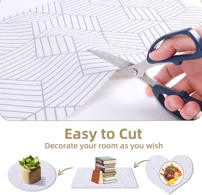 Shelf Liners for Kitchen Cabinets 24in x 20FT, Non Adhesive Cabinet Liner Strong Non-Slip Thickened Silver Geometric Easy to Clean for Shelf, Cabinet, Refrigerator with Knife and Tape Measure