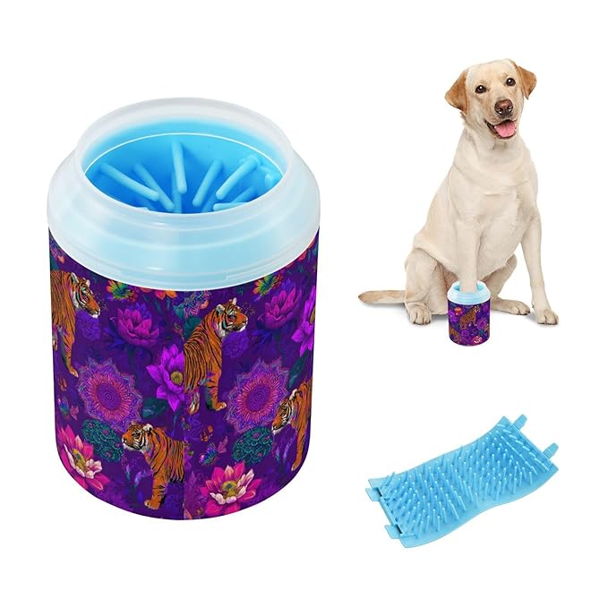 Dog Paw Cleaner Cups for Dogs Pet Foot Washer Paw Scrubber for Small Medium Large Dogs Cats Cleaning Cup Purple Tigers Colorful Flowers