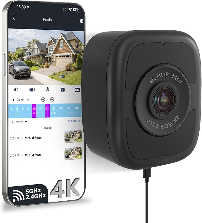 HIEASY 8MP 4K Window Security Camera, Dual-Band 2.4/5GHz WiFi Glass-Mount Camera, Anti-Reflection Night Vision, AI Human Detection, 24/7 Continuous Recording, Includes 32GB SD Card, Black (4K-Black)