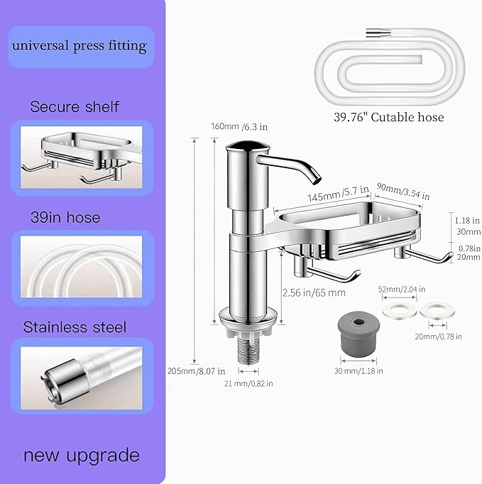 Deluxe Multi-Purpose Kitchen Sink Soap Dispenser Kit, Integrated Built-in/Countertop Liquid Pump, Extra-Long 3.9ft Cuttable PVC Hose, Weighted Gravity Ball & Enhanced Suction for Seamless Dishwashing