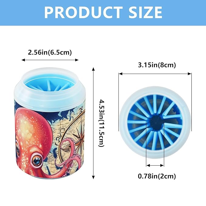 Dog Paw Cleaner Cups for Dogs Pet Foot Washer Paw Scrubber for Small Medium Large Dogs Cats Cleaning Cup Blue World Map and Octopus