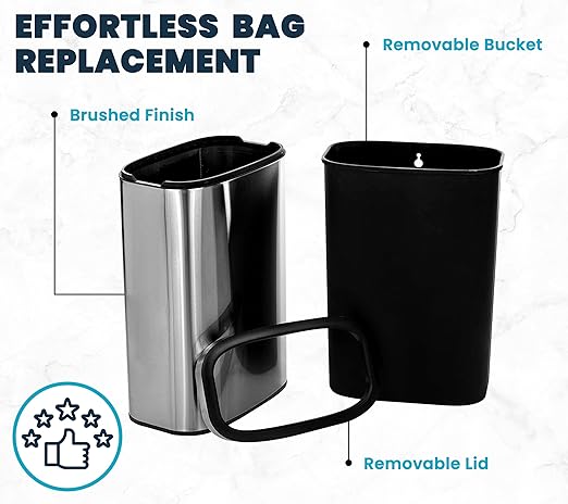 Alpine Stainless Steel Open Top Trash Can 10.5 Gallon - 40L Garbage Can for Kitchen, Bathroom, Office & More with Removable Bin, Brushed Nickel Finish, Space-Saving Slim Modern Design