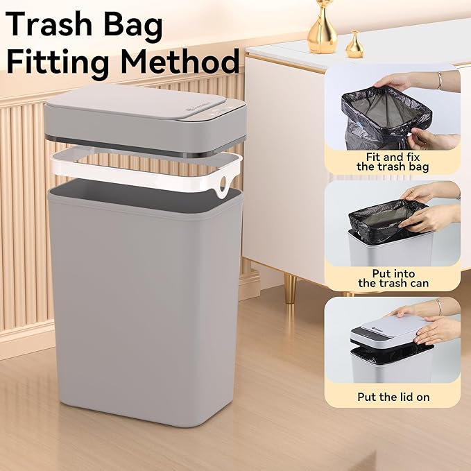 3 Pack Bathroom Trash Can 2.6 Gallon Small Touchless Automatic Motion Sensor Trash Cans Slim Waterproof Garbage Bin with Lid for Kitchen, Office, Bedroom Black White Grey