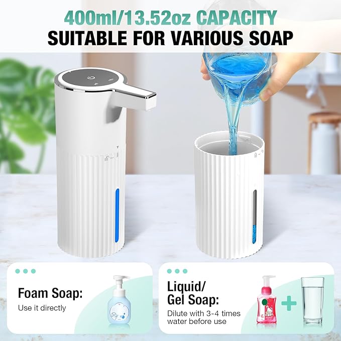 Automatic Soap Dispenser Foaming Touchless: 14oz Plastic - 4 Level Adjustable Wall Mount Foam Rechargeable Electric Auto Smart White Soap Dispenser - Bathroom Kitchen Hand Dish Lotion