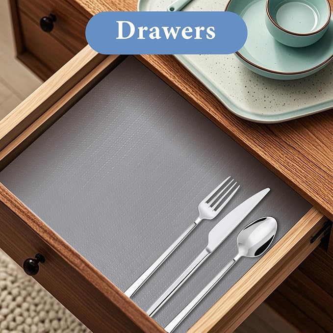 Shelf Liners for Kitchen Cabinets Non Adhesive Drawer Liner 17in x 30FT Pure Grey Thickened Shelf Liner Strong Non-Slip Easy to Clean for Tool Box Refrigerator with Knife and Tape Measure