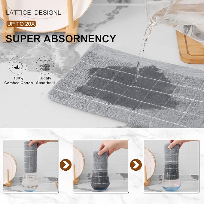 Mordimy 100% Cotton Terry Cloth Kitchen Towels, Super Soft and Absorbent Dish Towels for Drying, Checkered Designed Hand Towels for Kitchen, 16 x 26 Inches, 6 Pack, Light Grey