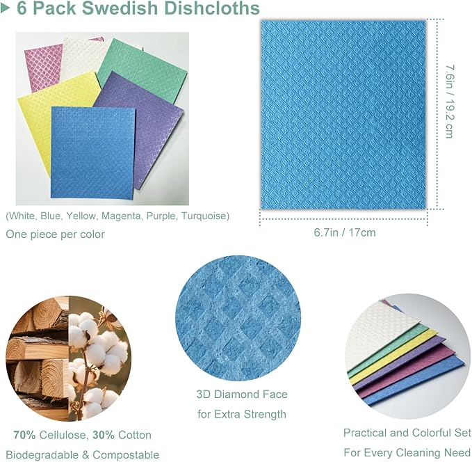 Swedish Dishcloths 6-Pack, Super Absorbent & Quick-Dry Reusable Dish Towels, Biodegradable Kitchen Sponge Cloths for Dishes, Countertops, Glass & Car