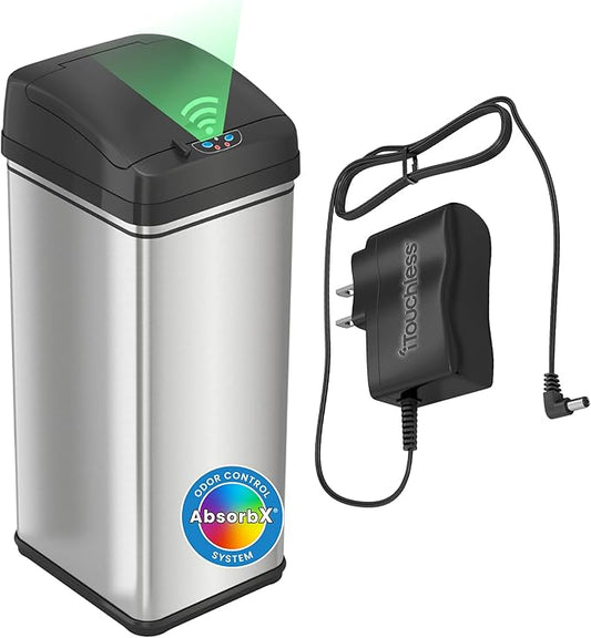 iTouchless 50 Liter / 13 Gallon Kitchen Trash Can with AC Adapter, Lid & Odor Filter – Motion Sensor Stainless Steel Garbage Bin for Home, Office, or Garage – Slim, Large Capacity Design