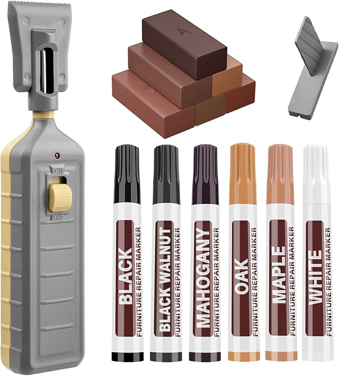 Laminate Floor Repair Kit, 6 Color Linoleum Repair Hard Wax Touch Up Marker with Heat Pen, Hardwood Floor Scratch Repair Cover Scratches, Stains, Cracks, Holes for Door, Cabinet, Table