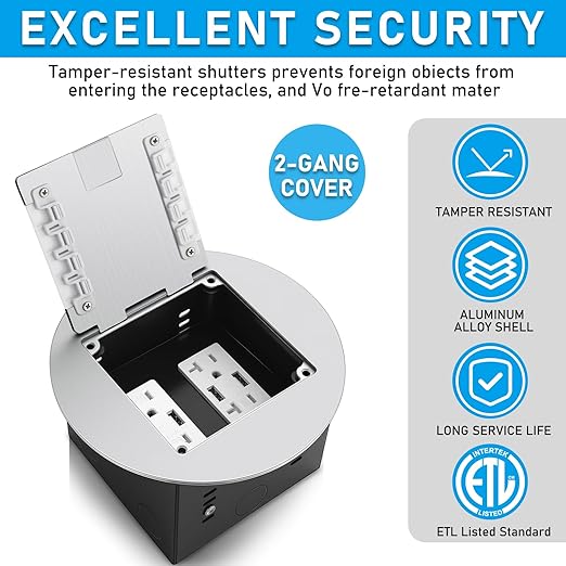 1 Pcs Recessed Floor Outlet 4. 72" x 4. 72" x 3. 94" 2-Gang with 4. 8a USB Chargers 20 Amp Floor Receptacles Round Hidden Outlet Kit Electrical Waterproof Box, Etl Listed (Silver)