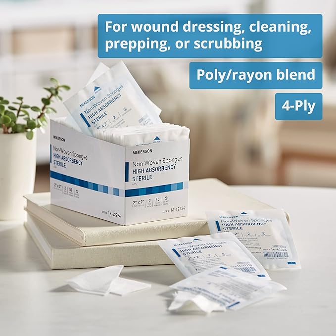 McKesson Non-Woven Sponges, Sterile, 4-Ply, High Absorbency, Polyester/Rayon (2 X 2 Inch (3000 Count))