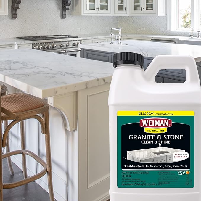 Weiman Disinfecting Granite and Stone Countertop Cleaner and Polish - Safely Cleans & Shines Marble, Quartz Quartzite Slate, Limestone, Corian, Laminate Tile, 64 Oz, 2 Pack