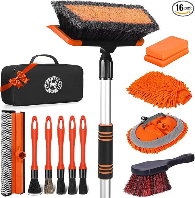 62'' Car Wash Brush with Long Handle, Complete Car Wash Kit, Scratch-Free Car Cleaning Brush Mop Kit with Clay Bar, Wash Mitt, Window Squeegee, Wheel Brush, Storage Bag for Car Truck RV