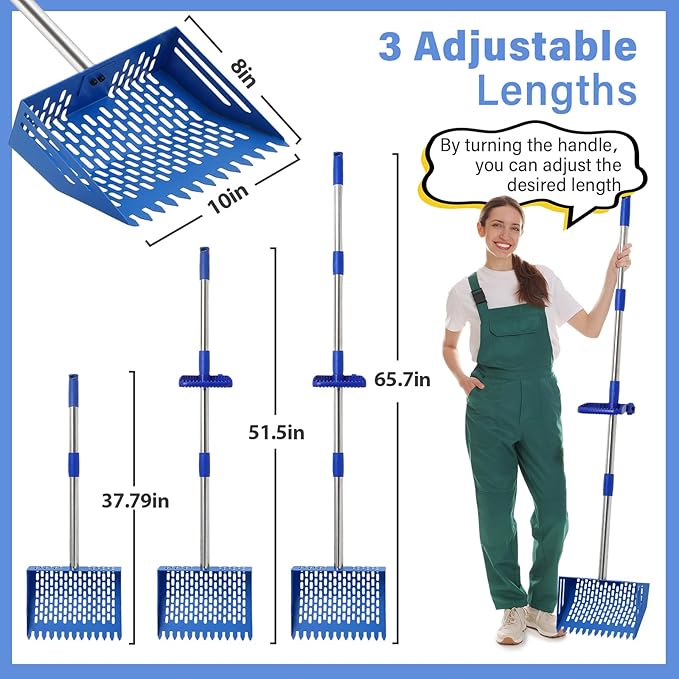 2-in-1 Chicken Poop Scooper & Rake, 10 Inch Coop Sand Sifting Shovel with 37" to 65" Adjustable Stainless Steel Handle, Litter Cleaning Tools with Gloves for Chicken Coop Farm Animals (Blue)