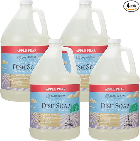 Ginger Lily Farms Botanicals Plant-Based Liquid Dish Soap, Concentrated Formula with Max Grease Cleaning Power, Cruelty-Free, Apple Pear Scent, 1 Gallon (Pack of 4)