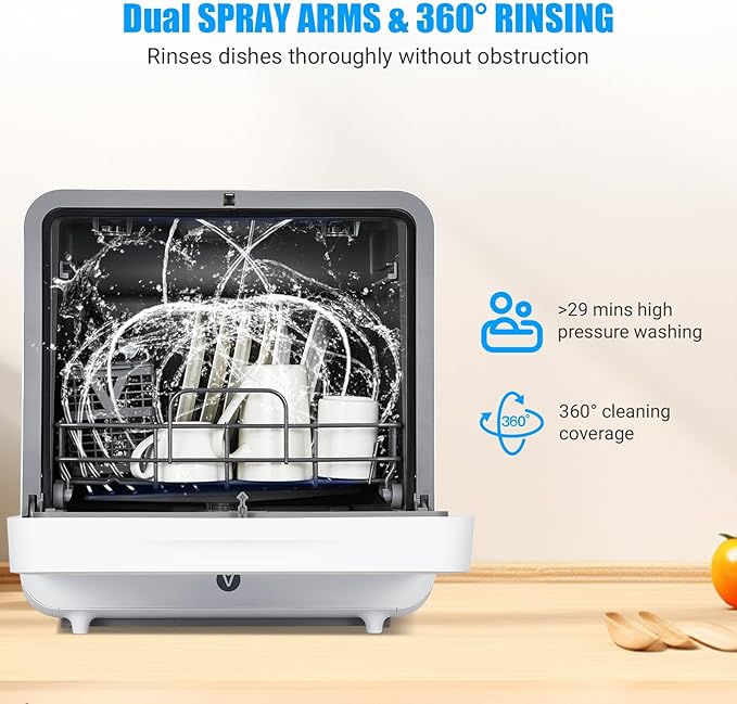 Portable Countertop Dishwasher with 5L Water Tank, Large Display, 2-in-1 Function, 6 Wash Programs, Mini Dishwasher for Apartments, RVs, Dorms, White