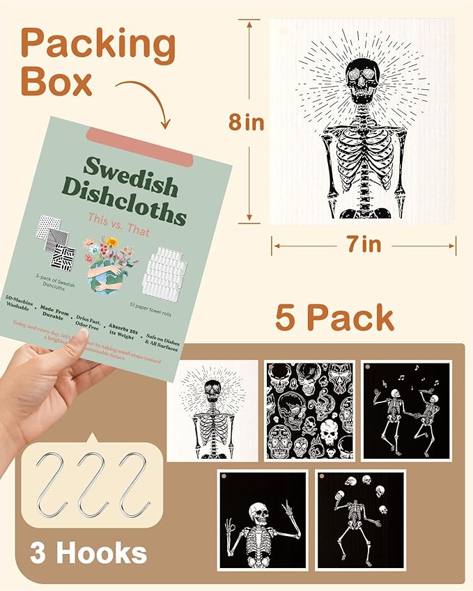 Swedish Dishcloths for Kitchen with Hooks - Reusable Dish Cloths for Washing Dishes Fast Drying Cute Fun 5 Pack Swedish Dish Towels Washable Cleaning Sponge, Dancing Skeleton