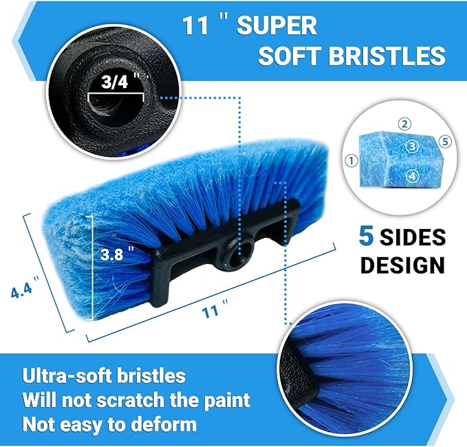 72" Long Handle Car Wash Brush with Hose Attachment, Flow-Through Soft Bristle Five-Sided Brush