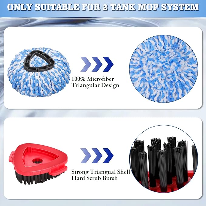 4 Pack Spin Mop Replacements Heads, Microfiber, Compatible with Oceda RinseClean 2-Tank System, Includes 1 Gray Mop Scrub Brush, 1 Mop Base, 4 Easy Cleaning Mop Heads, Blue Color