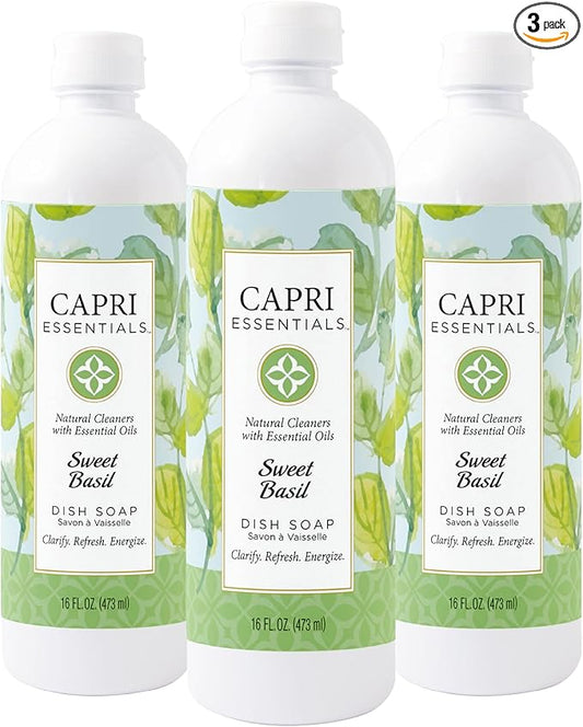 CAPRI ESSENTIALS Dish Soap Liquid, Natural Household Cleaning, Plant Based Aromatic Dish Detergent, Blend of Essential Oils with Almond Oil, Eucalyptus & Peppermint, Sweet Basil, 16 FL Oz (3 Pack)