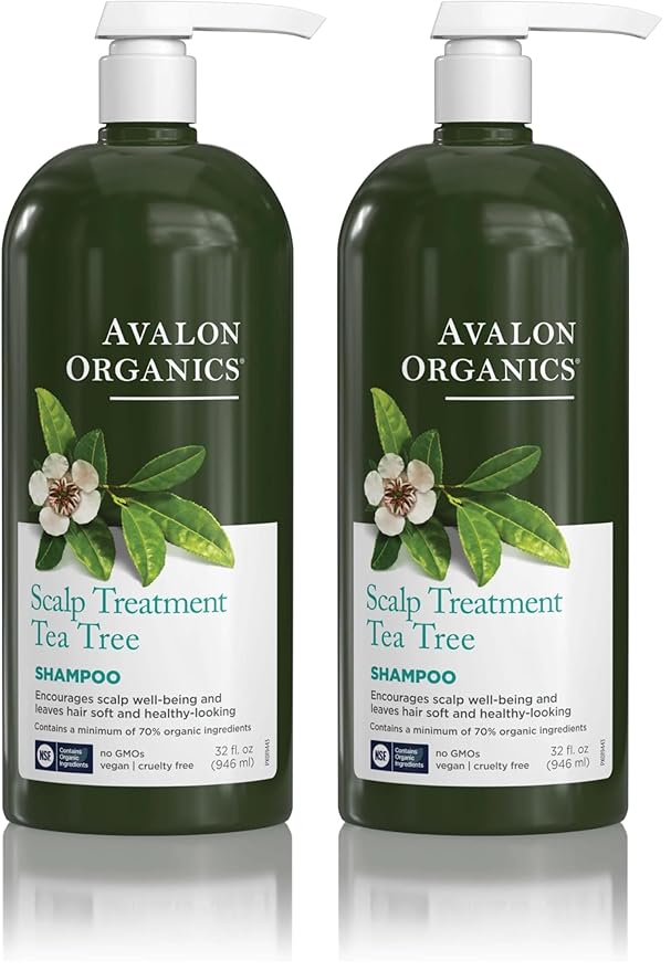 Avalon Organics Scalp Treatment Tea Tree Shampoo, Encourages Scalp Well-Being and Leaves Hair Soft, 32 Fluid Ounces, (Pack of 2)