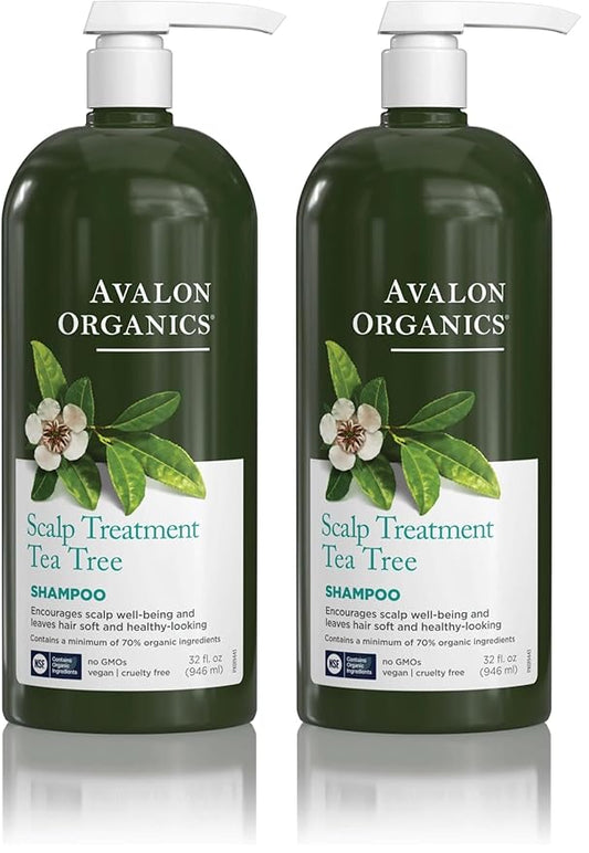 Avalon Organics Scalp Treatment Tea Tree Shampoo, Encourages Scalp Well-Being and Leaves Hair Soft, 32 Fluid Ounces, (Pack of 2)