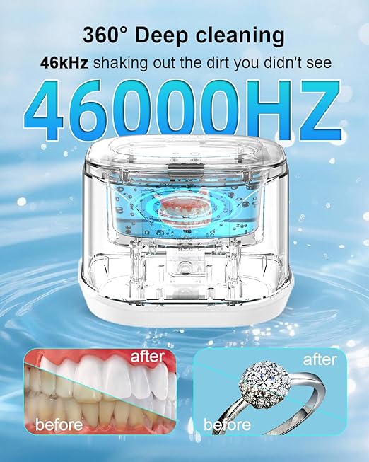 BCOM Retainer Cleaner,Jewelry Cleaner Ultrasonic Machine 46kHz, Jewelry&Retainer Cleaner 2-in-1 Professional Portable Dental Jewelry Pod Deep Clean forJewelry,Retainer,Mouth Guard, Ring New Year Gift
