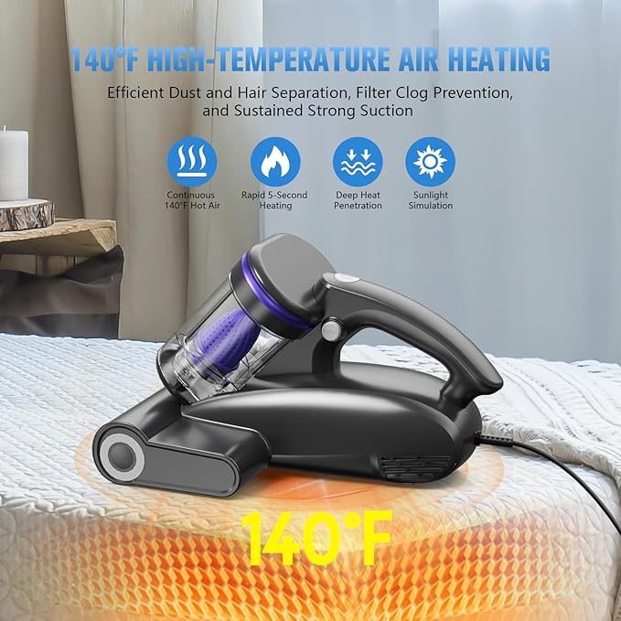 Bed Vacuum Cleaner Mattress Vacuum Cleaner,16Kpa Powerful Handheld Vacuums with UV-C Light & Double Dust Cup & High Heating & Ultrasonic & Anion for Bed Sofa
