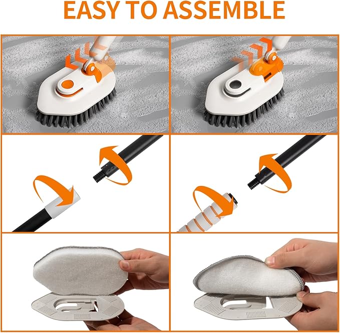Bathroom Scrub Brush with Long Handle, 3-in-1 Tub and Tile Cleaner with 5 Replaceable Heads for Shower, Floor & Wall Cleaning
