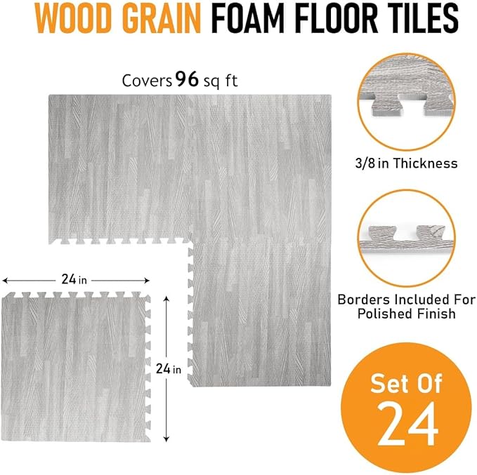 HomeCube USA 3/8 Inch Thick Interlocking Wood Grain Foam Floor Tiles for Home, Office, Workout Equipment Space, Commercial Areas, Anti-Fatigue Flooring Padding 24x24 in, Grey, 96 SQ Ft -24 Tiles