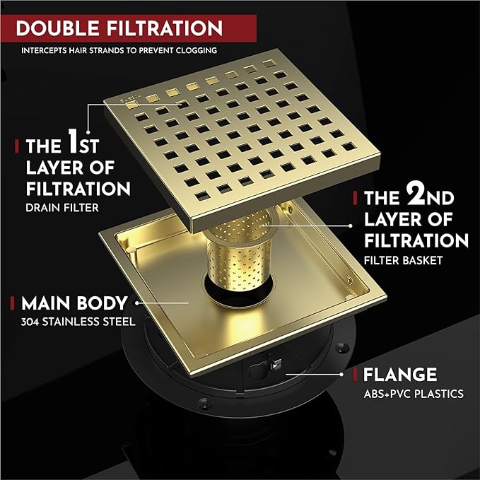 WEBANG 6 Inch Square Shower Floor Drain with Flange,Quadrato Pattern Grate Removable,Food-Grade SUS 304 Stainless Steel,Watermark&CUPC Certified, Brushed Gold