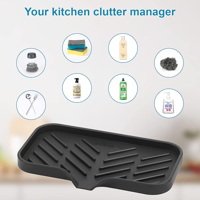 SUBEKYU Silicone Kitchen Soap Tray, Sink Tray for Kitchen Counter/Soap Bottles, Sponge Holder and Organizer with Drain Spout, Black, [Size: 9.5 x 5 inch]