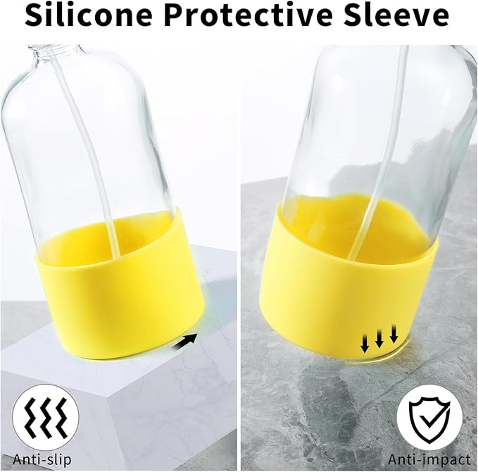 Glass Spray Bottles (2-Pack) with Silicone Sleeve - 16oz Empty Refillable Bottles - Adjustable Nozzle for Hair, Plants, Cleaning & DIY Solutions - Blue & Grey (Grey + yellow)