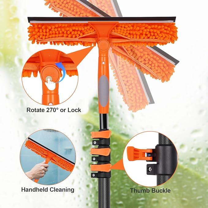 Window Washing Kit with Extension Pole 4.7 to 24FT, Long Squeegee for Window Cleaning Indoor Outdoor, Carbon Fiber Telescopic Pole for Window Cleaner Tool with Microfibre Pad & Chenille Cloth